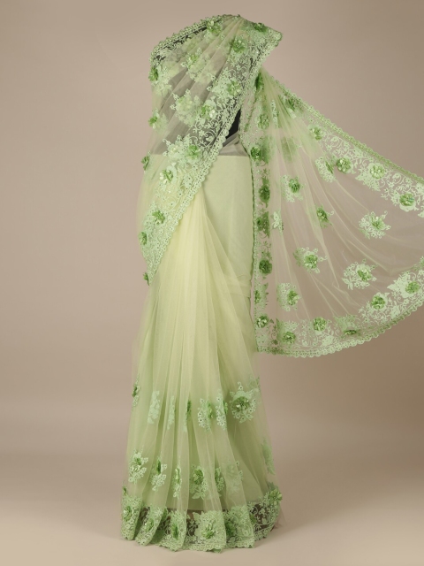 

Pothys Green Embroidered Net Saree with Patchwork Ornamentation