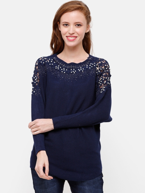 

STROP Women Navy Blue Embellished Pullover Sweater