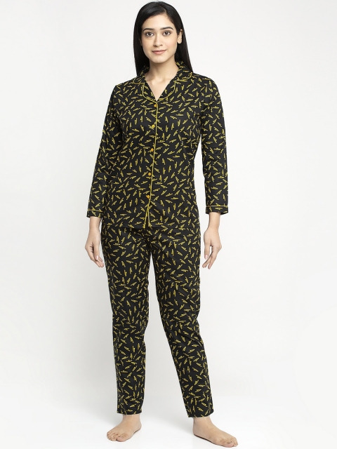 

MAXENCE Women Black & Yellow Printed Night suit
