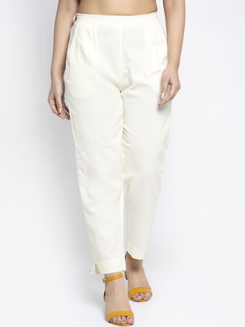 

Aujjessa Women Cream-Coloured Regular Fit Solid Cigarette Trousers