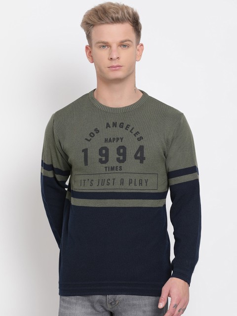 

COBB Men Olive Green & Black Colourblocked Pullover Sweater