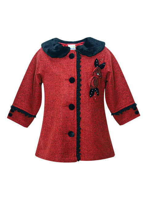 

Daffodils GIRLS WEAR Girls Red & Black Self Design Pea Coat