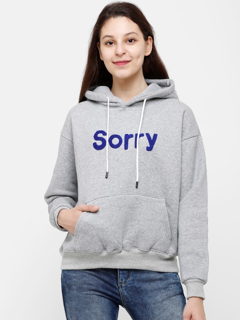 

STROP Women Grey Melange Printed Hooded Sweatshirt