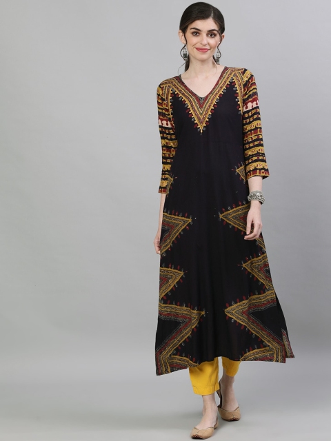 

Ishin Women Black & Mustard Yellow Printed A-Line Kurta