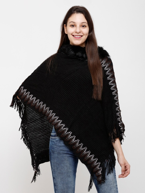 

STROP Women Black & White Self-Design Woollen Poncho Sweater