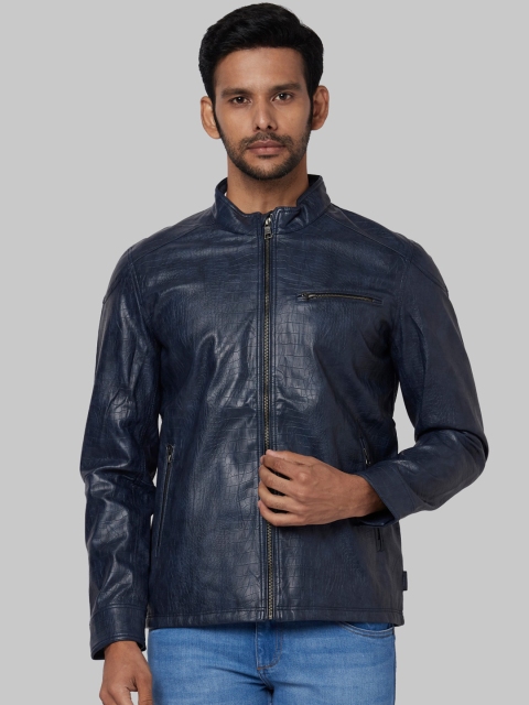 

Park Avenue Men Blue Self Design Biker Jacket