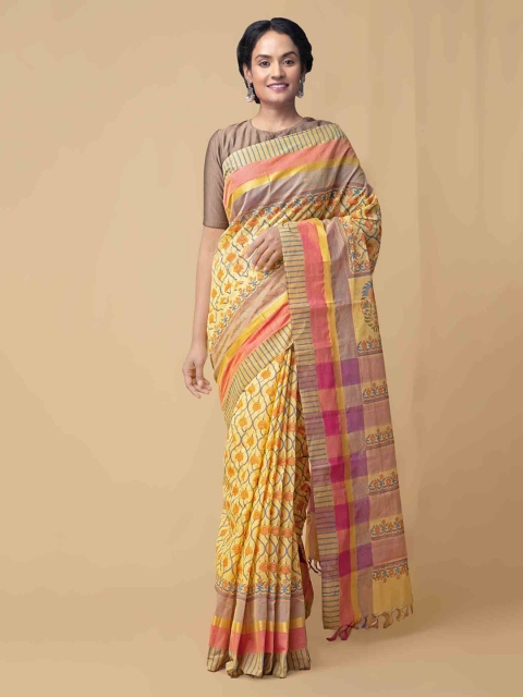 

Unnati Silks Yellow & Orange Pure Cotton Printed Mangalagiri Handloom Saree