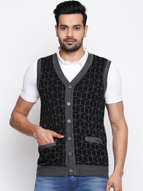 

BYFORD by Pantaloons Men Acrylic Charcoal-Black & Grey Self Design Cardigan Sweater