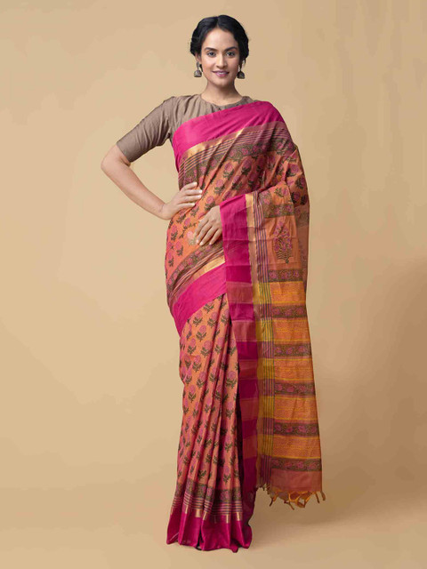 

Unnati Silks Orange & Pink Pure Cotton Printed Mangalagiri Saree