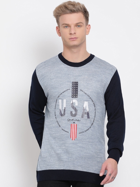 

COBB Men Navy Blue & Grey Printed Pullover Sweater