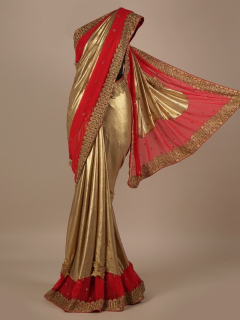 

Pothys Gold-Toned & Red Poly Georgette Embellished Saree