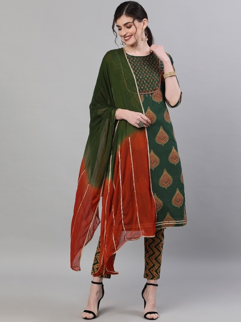 

Ishin Women Green & Red Self Design Kurta with Trousers & Dupatta