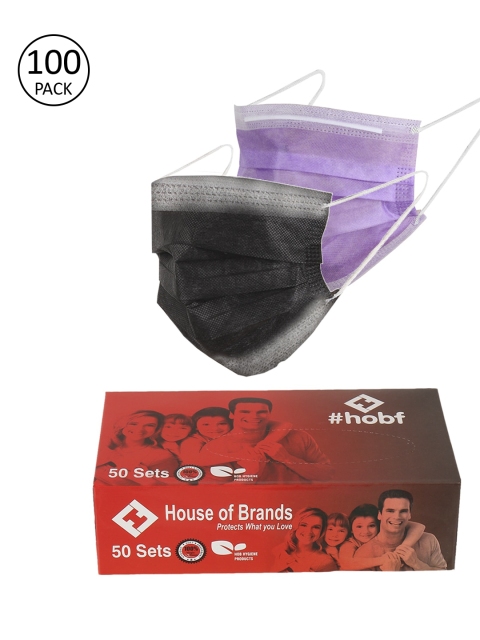 

LONDON FASHION hob Unisex Pack Of 100 Black & Purple Solid 3-Ply Surgical Mask With Nose-Pin