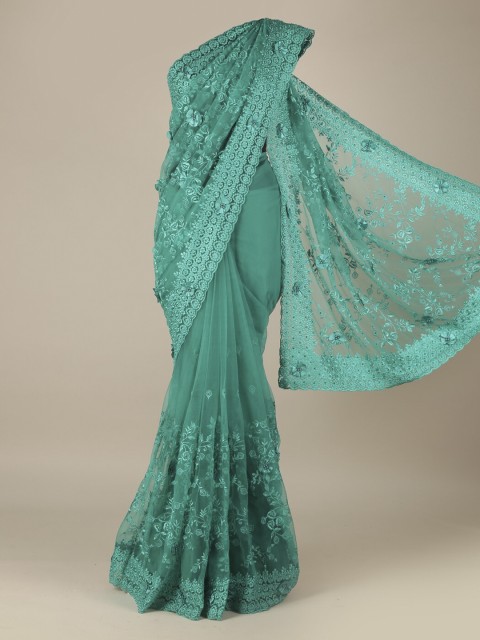

Pothys Green Embroidered Net Saree with Patchwork Ornamentation