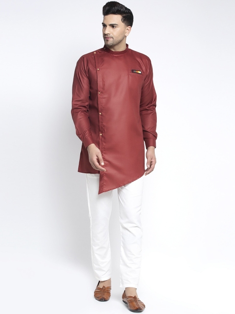 

Benstoke Men Maroon & White Solid Angrakha Kurta with Trousers