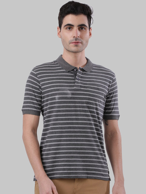 

Next Look Men Grey Striped Polo Collar T-shirt