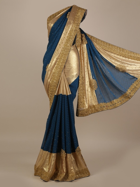 

Pothys Blue & Gold-Toned Poly Georgette Colourblocked Saree