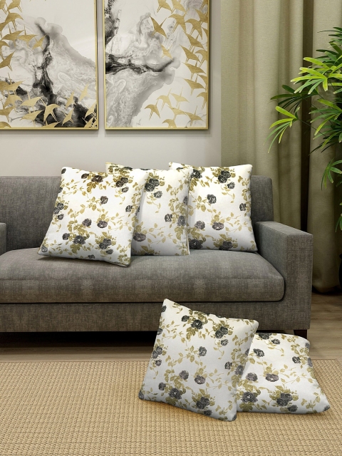 

KLOTTHE Set of 5 Off-White & Green Floral Print Square Floor Cushions with Filler