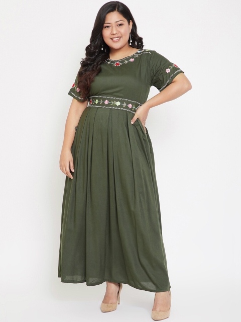 

Crease & Clips Women Olive Green Embroidered Maxi Dress