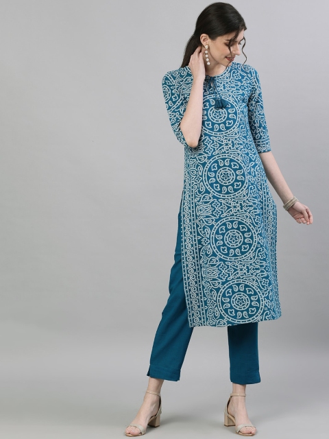 

Ishin Women Blue & White Printed Kurta with Trousers
