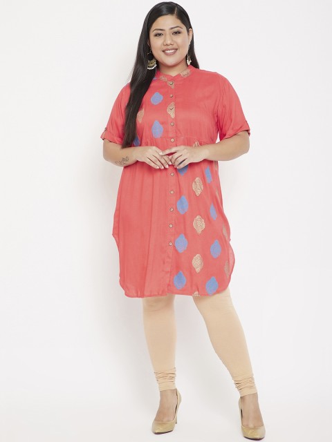 

Crease & Clips Women Coral Pink Printed A-Line Kurta