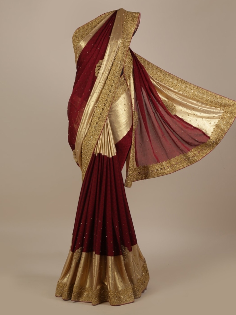 

Pothys Maroon & Gold-Toned Colourblocked Saree with Embellished Border