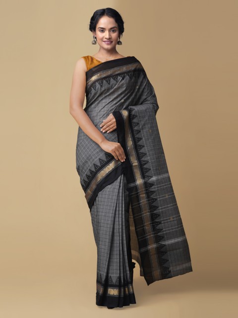 

Unnati Silks Grey Pure Cotton Checked Kanjeevaram Saree