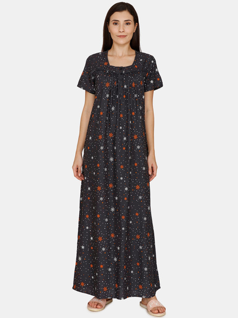 

Zivame Women Navy Blue & White Printed Maxi Night Dress