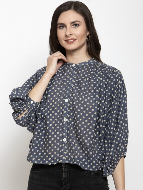 

Purple State Women Grey Embroidered Shirt Style Pure Cotton Top