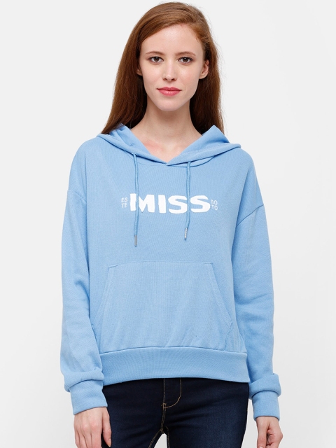 

STROP Women Turquoise Blue & White Printed Hooded Fleece Sweatshirt