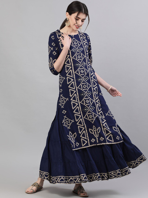 

Ishin Women Navy Blue & Beige Embroidered Kurta with Skirt & Dupatta