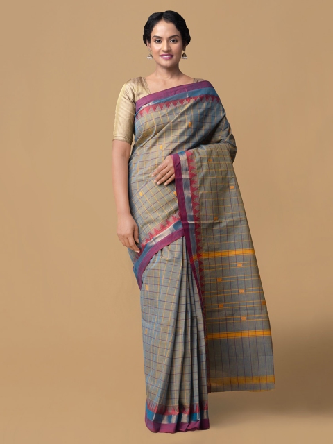 

Unnati Silks Blue & Beige Pure Cotton Checked Chettinad Saree