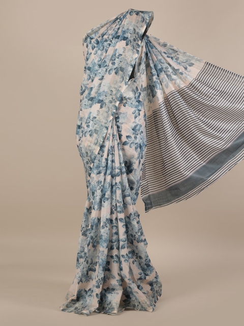 

Pothys Cream-Coloured & Green Linen Blend Printed Saree