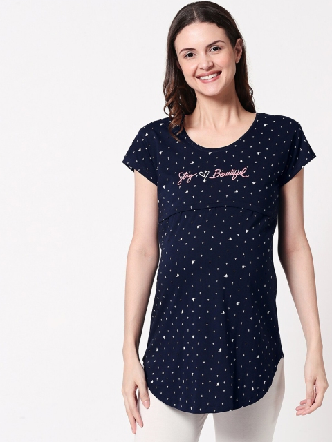 

Zeyo Women Navy Blue Printed Pure Cotton Top