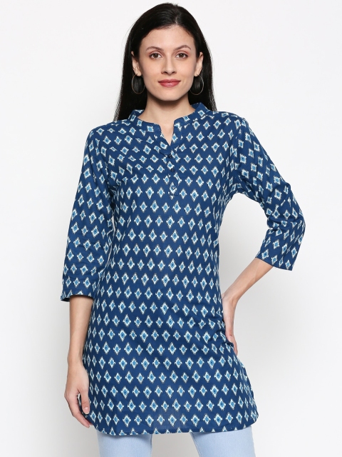 

People Women Blue & White Geometric Printed Cotton Tunic