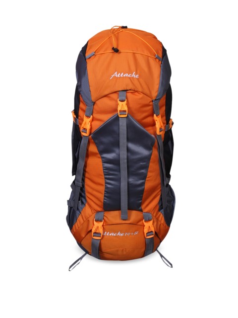 ATTACHE Unisex Orange & Grey Colourblocked Hiking Backpack with Rain Cover Rucksack 75L