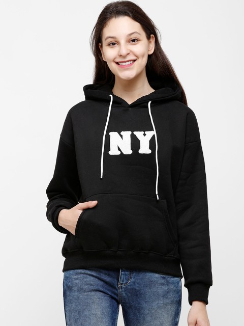 

STROP Women Black Printed Hooded Sweatshirt