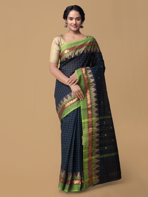 

Unnati Silks Blue Pure Cotton Checked Chettinad Saree