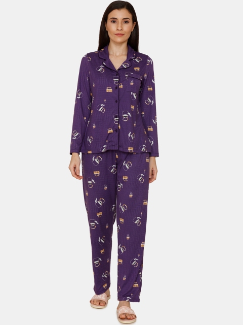 

Zivame Women Purple & Grey Printed Night Suit