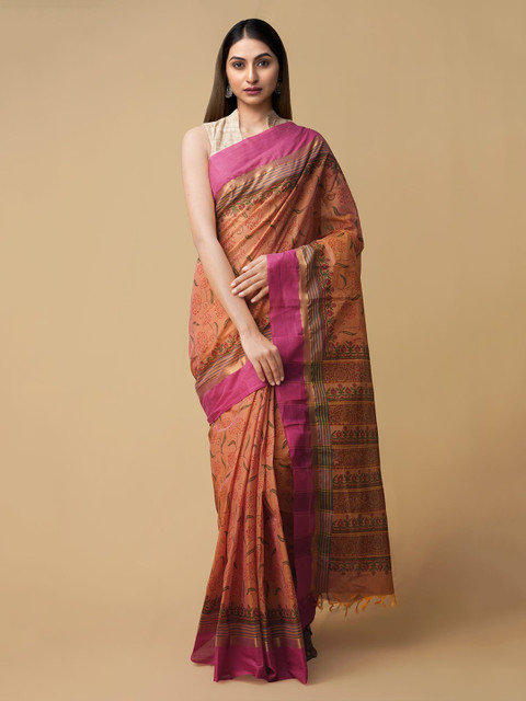 

Unnati Silks Pink & Red Pure Cotton Printed Mangalagiri Handloom Saree