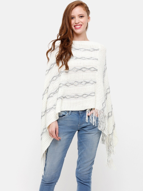 

STROP Women White Self Design Poncho Sweater