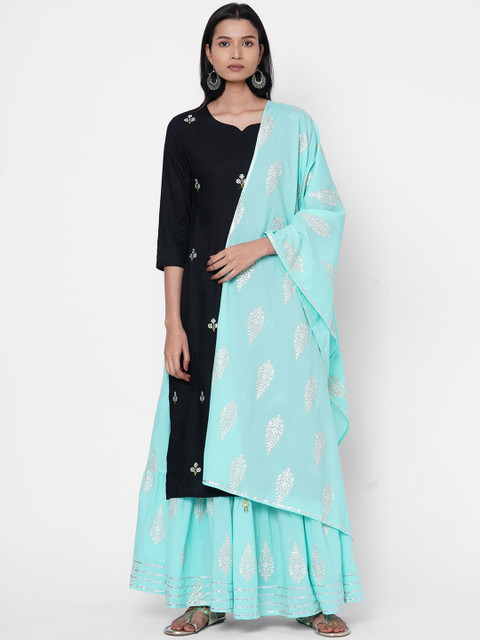

FASHOR Women Black & Blue Embroidered Kurta with Skirt & Dupatta