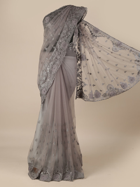 

Pothys Grey Embroidered Net Saree with Patchwork Ornamentation