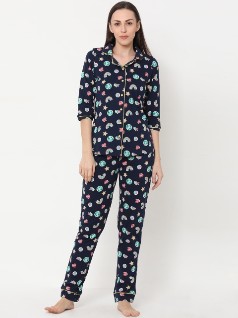 

Sweet Dreams Women Navy Blue & Green Printed Night Suit