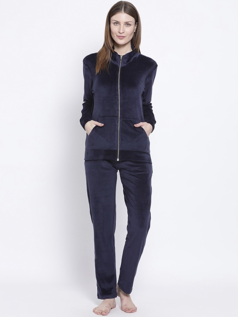 

Kanvin Women Navy Blue Solid Velour Winter Night Suit