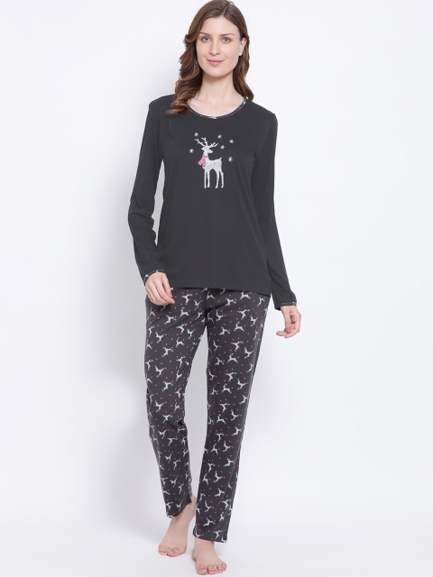 

Kanvin Women Charcoal Grey & White Printed Night Suit
