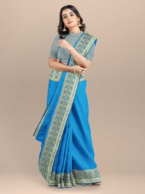 

BharatSthali Blue & Green Silk Cotton Solid Sustainable Saree