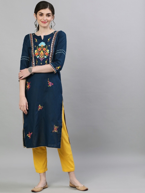 

Ishin Women Navy Blue & Navy Blue Embroidered Straight Kurta