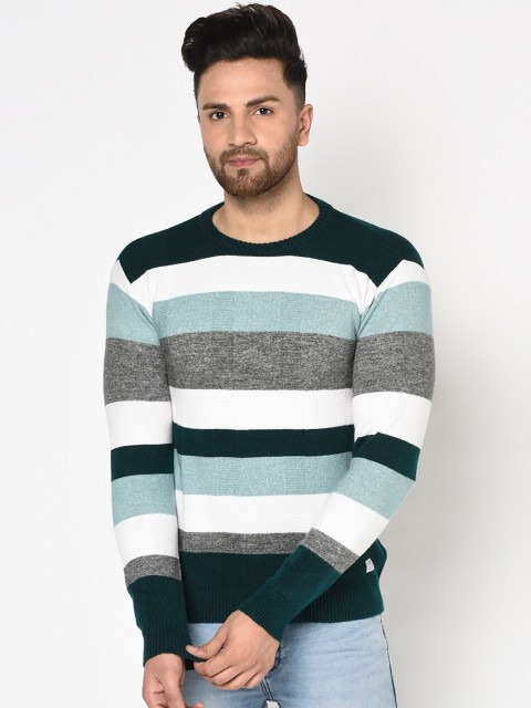 

METTLE Men Green & White Striped Pullover Sweater