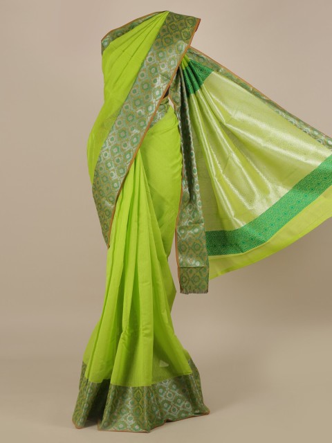 

Pothys Green & Gold-Toned Silk Cotton Solid Saree